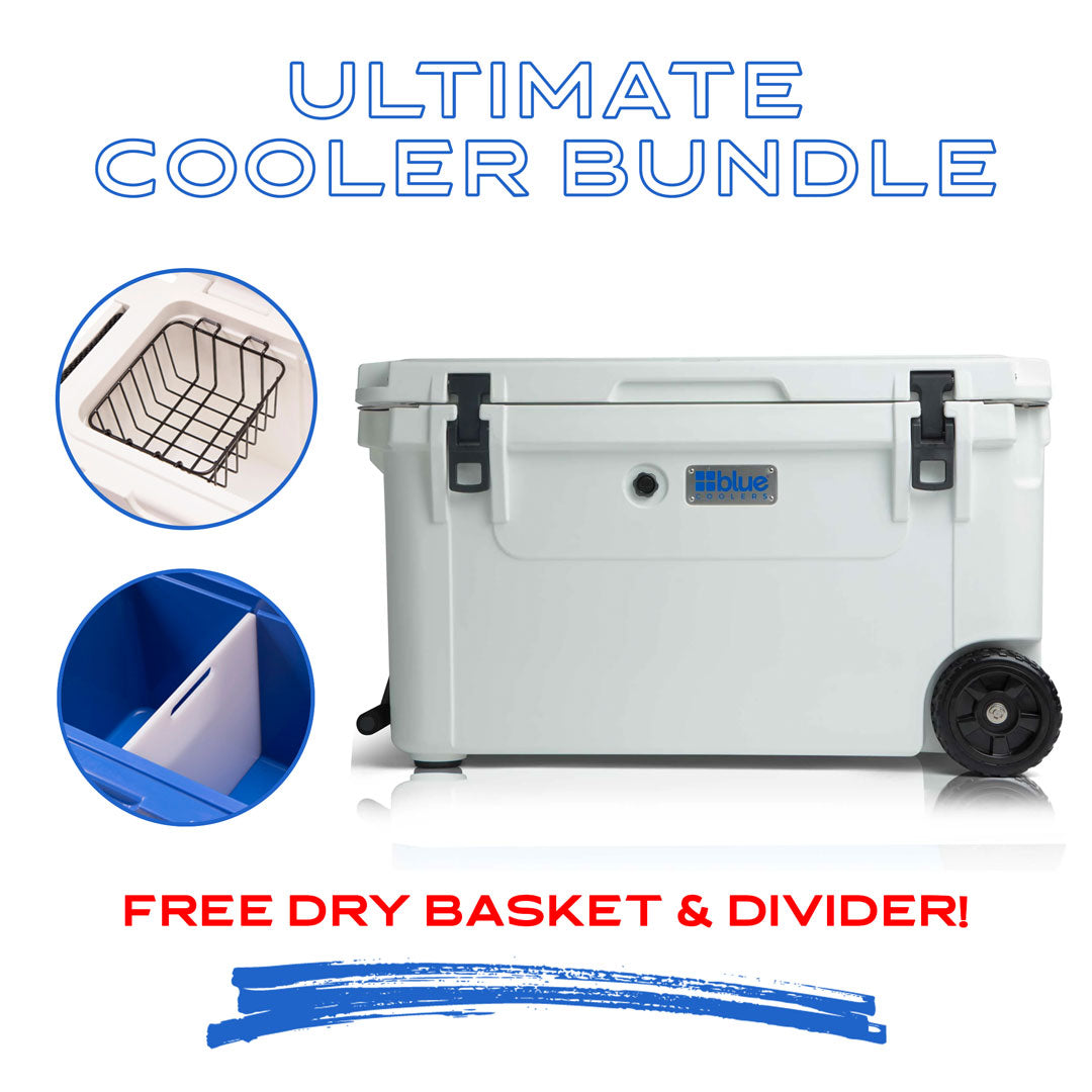 110 Quart Wheeled Cooler + Divider and Dry Basket