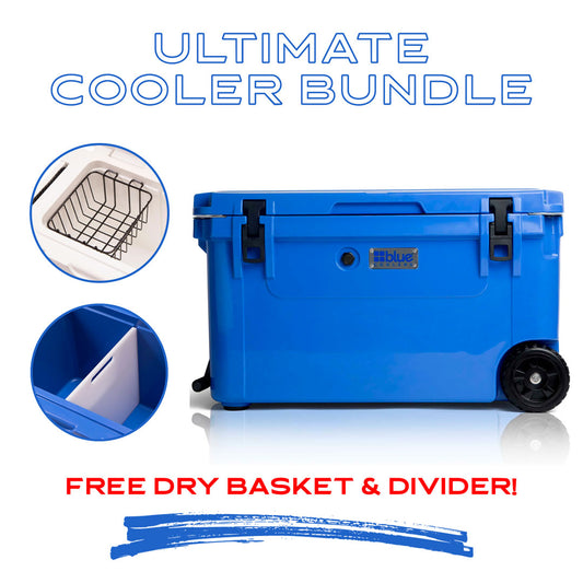 110 Quart Wheeled Cooler + Divider and Dry Basket