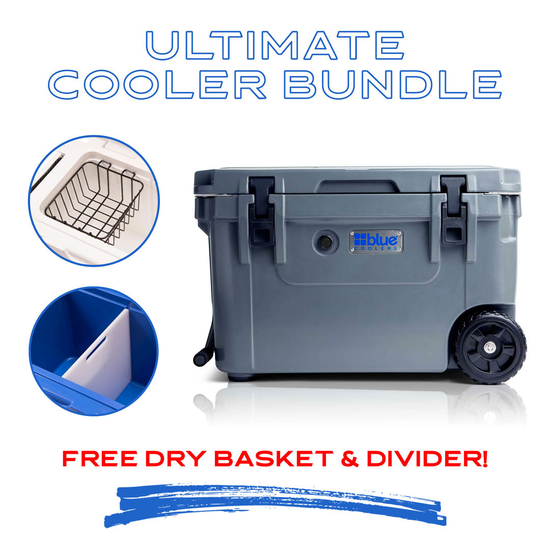 60 Quart Wheeled Cooler + Divider and Dry Basket